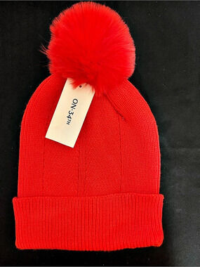 On 34th Rib-Knit Beanie with Faux-Fur Pom Red